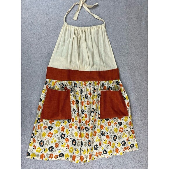 Full Apron Burnt Orange Burlap Pockets Floral Print Halter Smock Retro Inspired - Picture 15 of 15